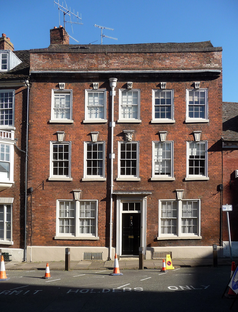 The brick Georgian facade of 3 Edgar Street, Worcester, with five sash windows on each upper floor and two paired groups of ground-floor sash windows around a central door.