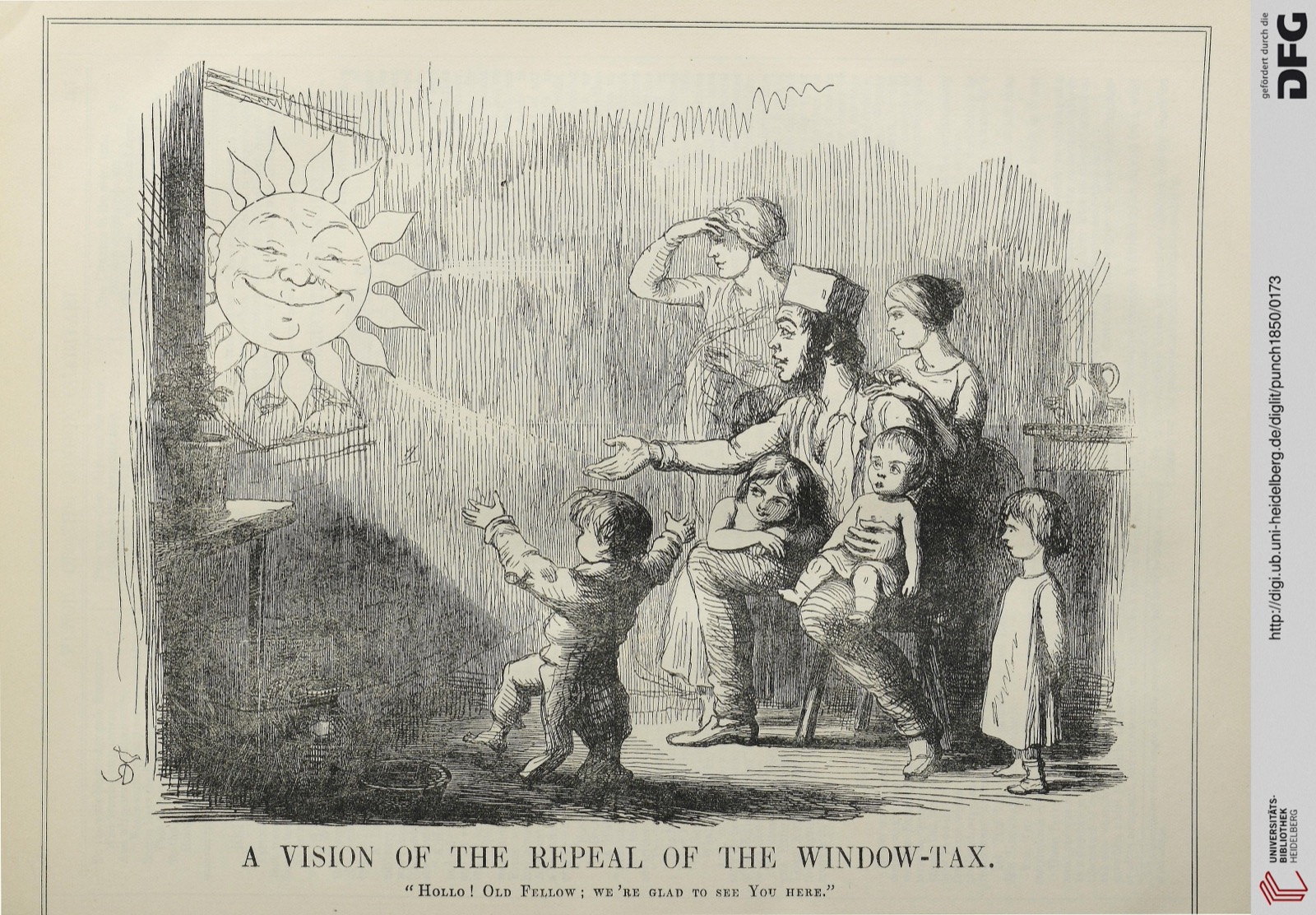 A black-and-white 1850 Punch satire by Richard Doyle. In a dark room, a family welcomes a smiling personified sun appearing at the window after repeal of the Window Tax.